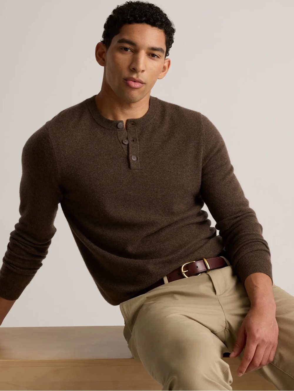 Quince Men's Brown Crewneck Henley Sweater Size Large